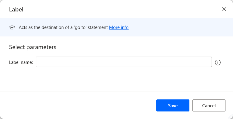 Screenshot of the Label action properties dialog.