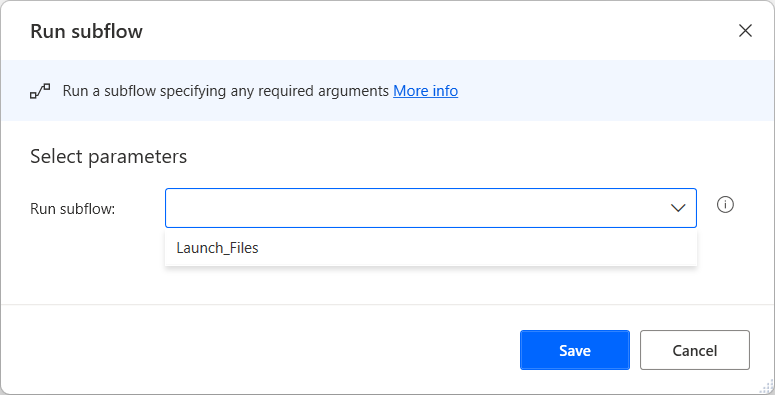 Screenshot of the Run subflow action properties dialog.