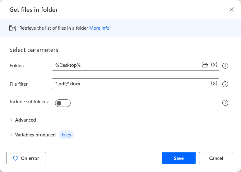 Screenshot of the get files in folder action properties dialog for Desktop.