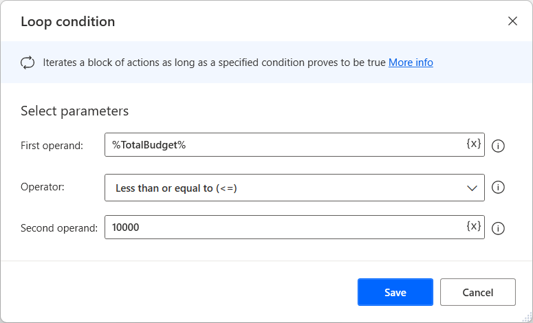 Screenshot of the Loop condition action properties dialog.