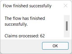 Screenshot of the message box showing the number of claims processed.