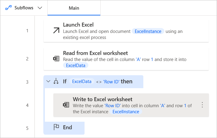 Screenshot of the actions workspace with the If action added.