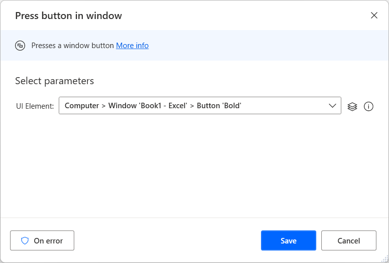 Screenshot of the Press button in window action properties filled in.