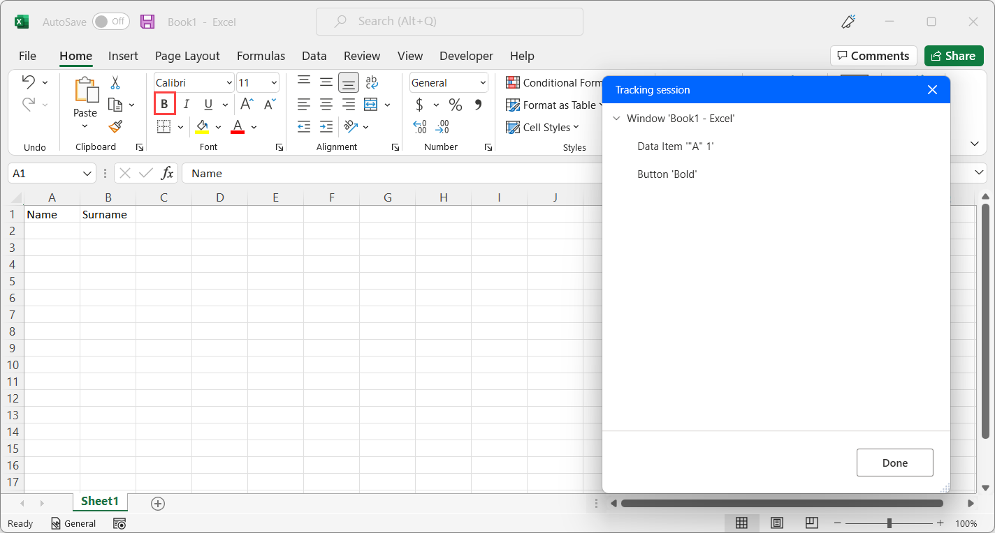 Screenshot of the Tracking session window with the cell and the bold button selected.