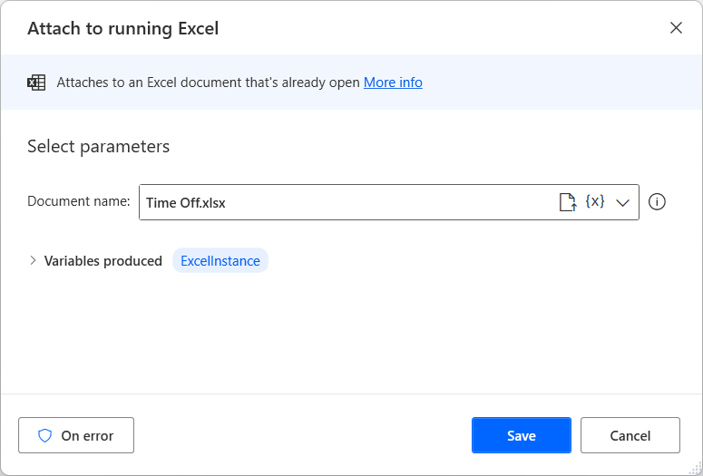Screenshot of the Attach to running Excel action dialog.