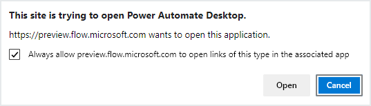 Screenshot of the browser launching Power Automate for desktop.