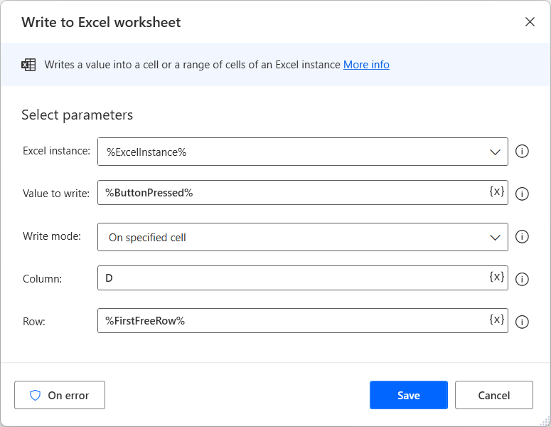 Screenshot of the Write to Excel worksheet action dialog.