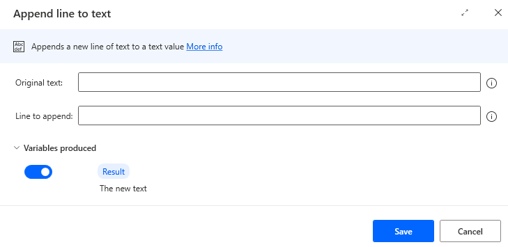 Screenshot of the append line to text action properties.