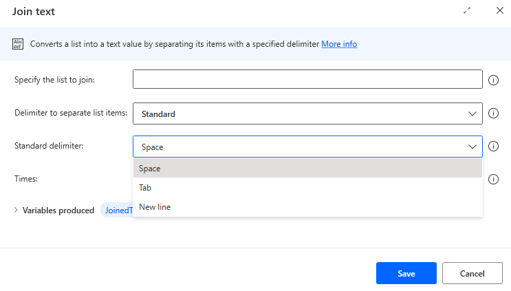 Screenshot of the join text action properties.