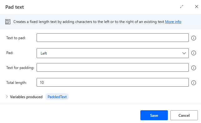 Screenshot of the pad text action properties.