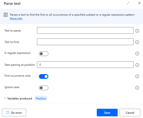 Screenshot of the parse text action properties.