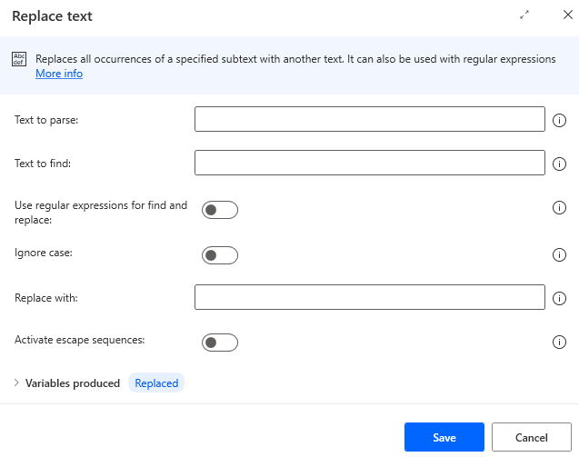 Screenshot of the replace text action properties.