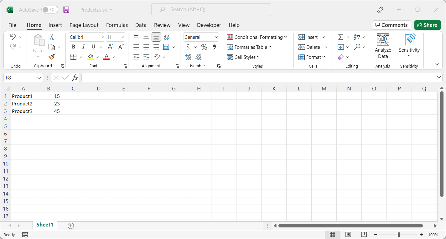 Screenshot of an Excel table containing products and prices.