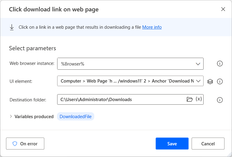 Screenshot of the Click download link on web page action.