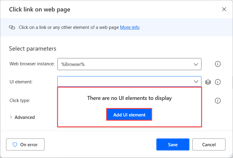 Screenshot of the Add a new U I element button in Click link on web page action.