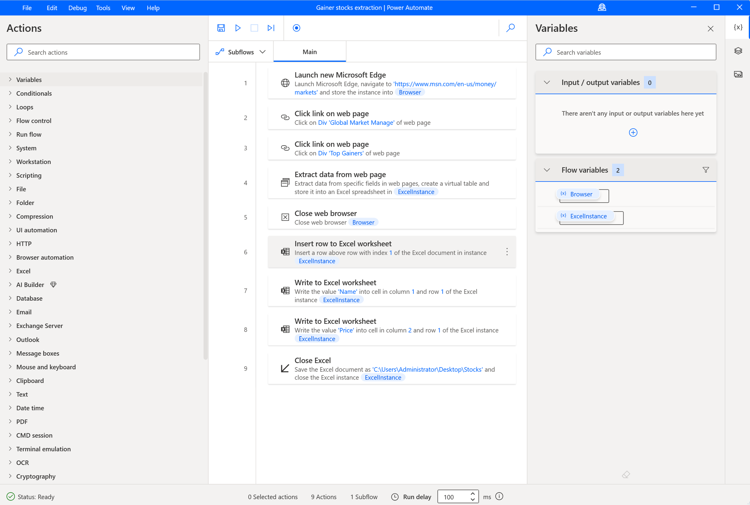 Screenshot of the final flow and the save and run buttons.