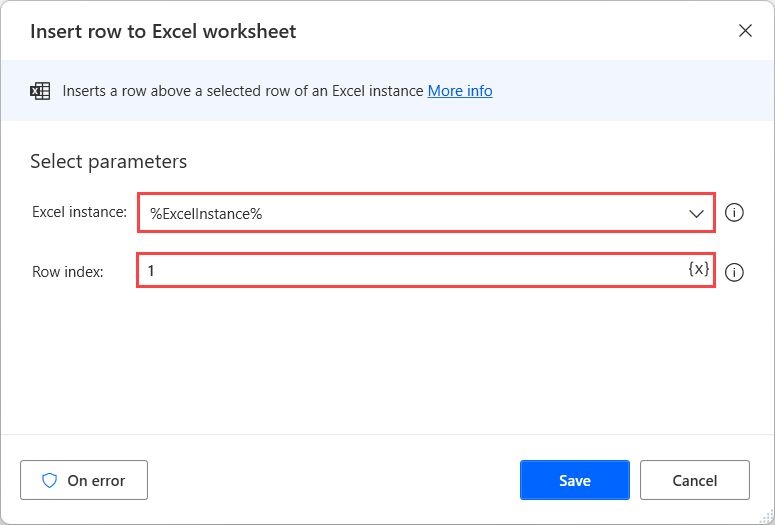 Screenshot of the Insert row to Excel worksheet action.