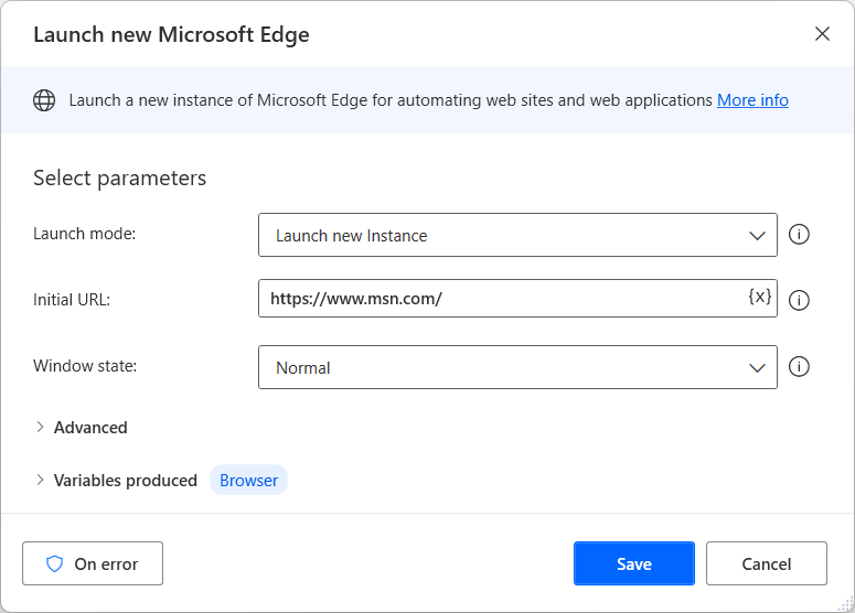Screenshot of the Launch new Edge action.