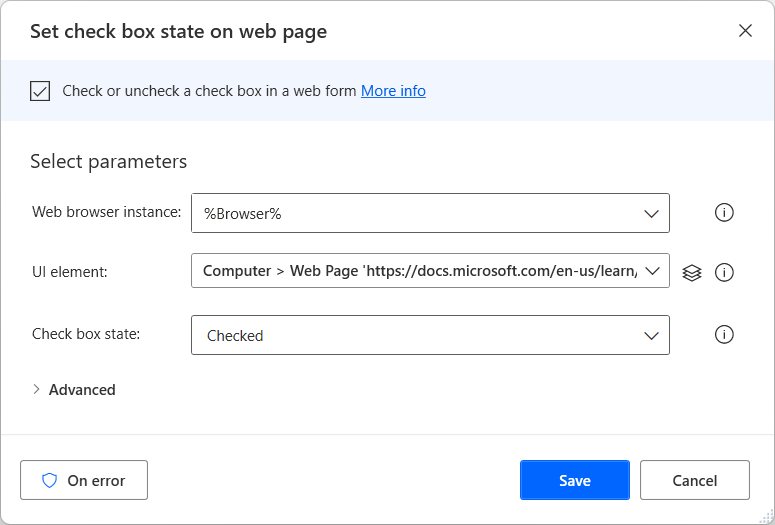 Screenshot of the Set checkbox state on web page action.