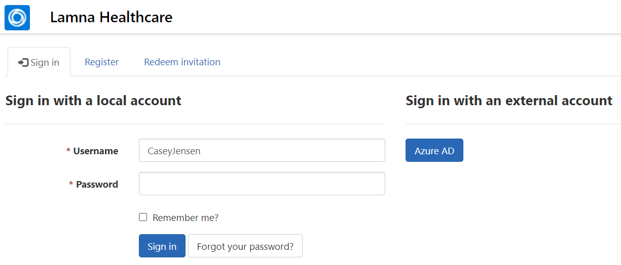Screenshot of the Healthcare Patient Portal sign-in screen showing the Username and Password fields completed.