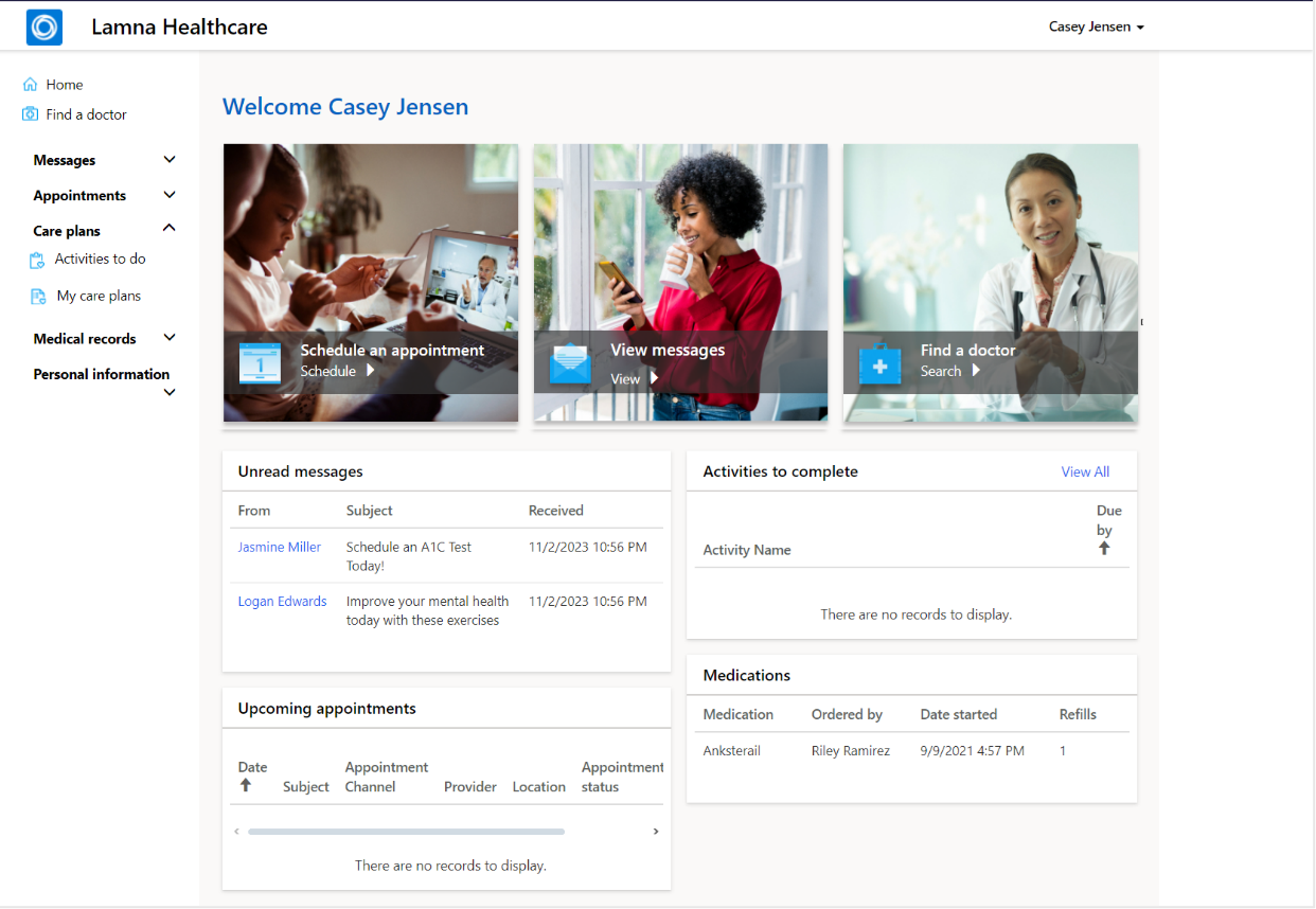 Screenshot of the Lamna Healthcare sample profile page for Casey Jensen.
