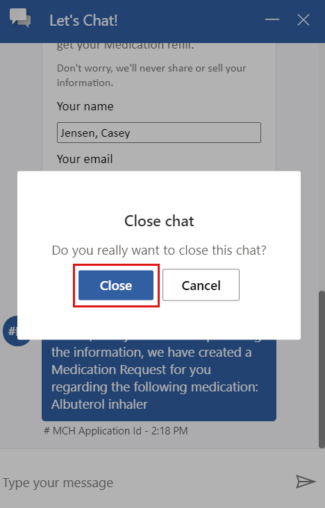 Screenshot of the Close chat dialog with options to Close or Cancel the chat.
