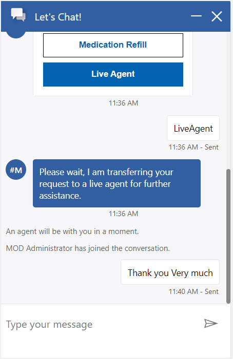 Screenshot of the chat window with Thank you very much entered as a response.