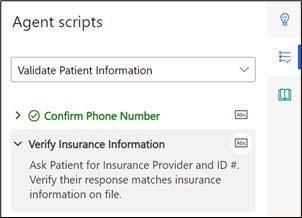 Screenshot of the Agent scripts tab with a prompt to Ask patient for Insurance Provider and ID number.