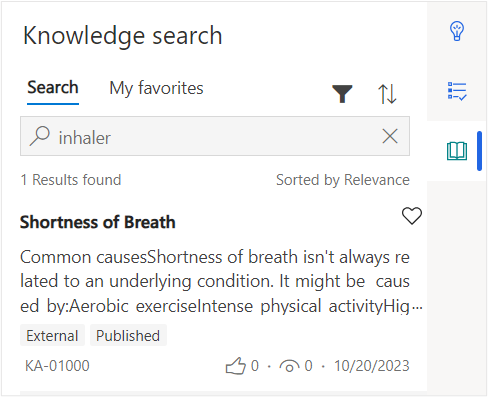 Screenshot of the Knowledge Article tab with the word inhaler entered in the Knowledge Search bar.