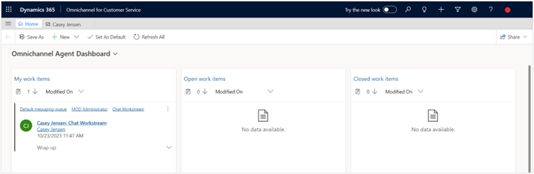 Screenshot of the Omnichannel Agent Dashboard with the green status indicator light in the upper-right corner.