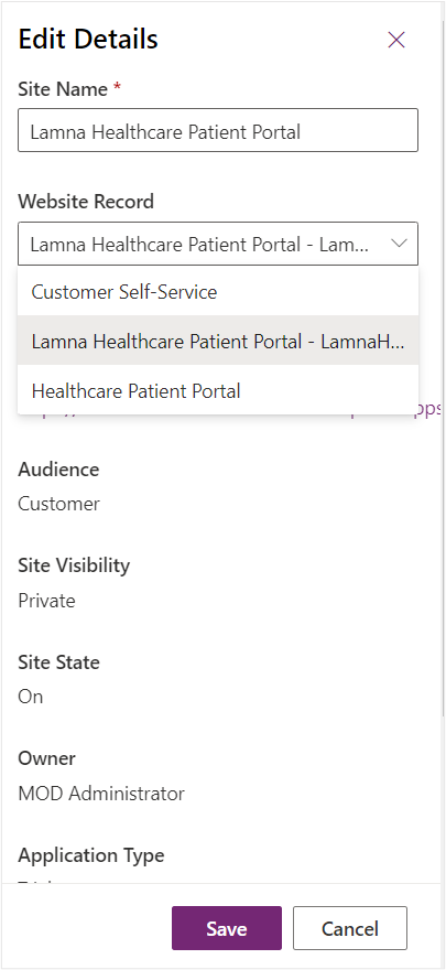 Screenshot of Edit site page for Lamna Healthcare patient portal .