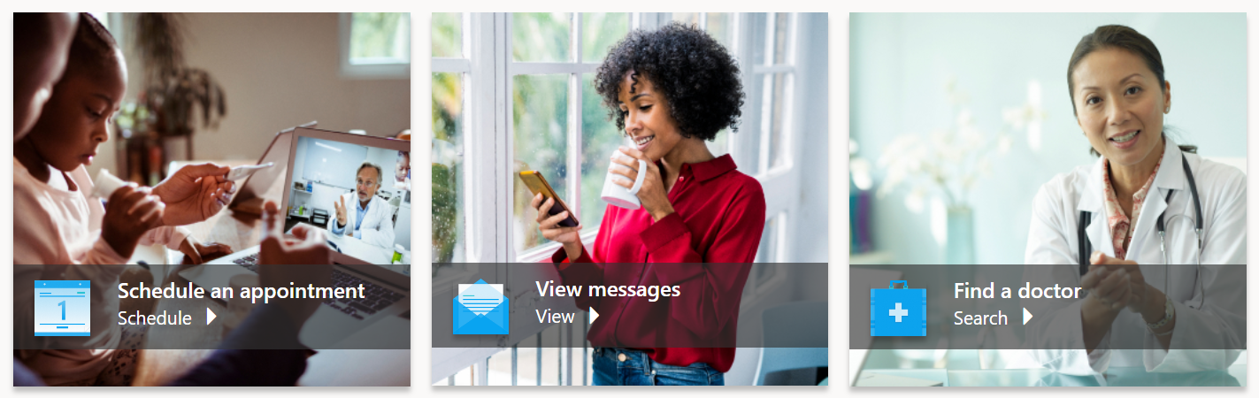 Screenshot of home page sections to Schedule an appointment, View messages, or Find a doctor.