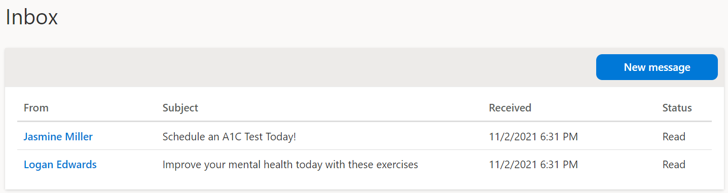 Screenshot of the messages inbox with From, Subject, Received, and Status fields displayed.