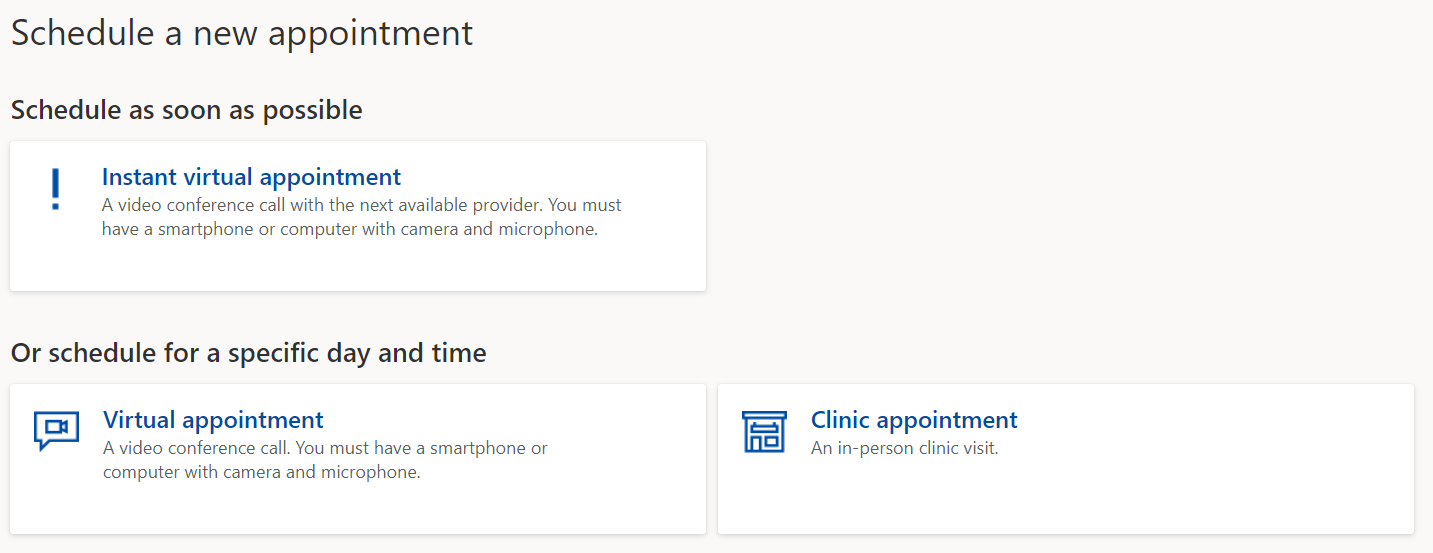 Screenshot of the Schedule a new appointment page with options to Schedule as soon as possible or to schedule for a specific day and time.