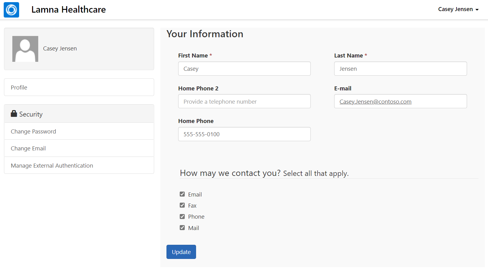 Screenshot of a sample patient profile for Casey Jensen again.