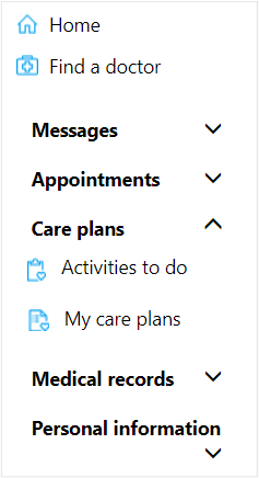 Screenshot of the navigation pane with Care plan activities to do option.