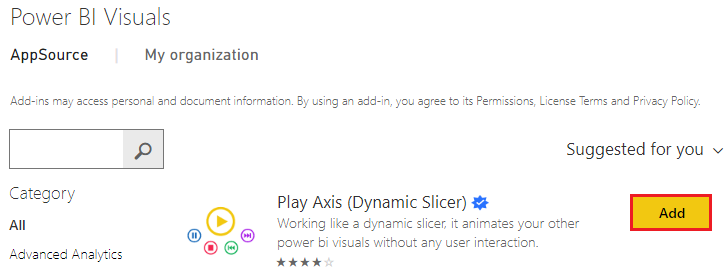 Screenshot of importing the custom Play Axis visual to Power BI desktop.