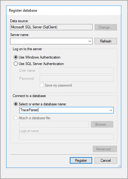 Screenshot of how to register a database in the Trace Parser application