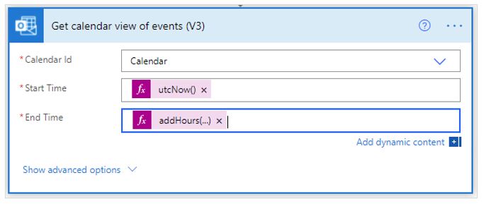 Screenshot of the Get calendar view events.