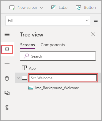 Screenshot of the Tree view in Power Apps, showing the screen name changed.
