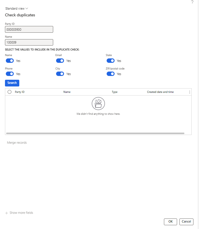Screenshot of check duplicates page with values selected.