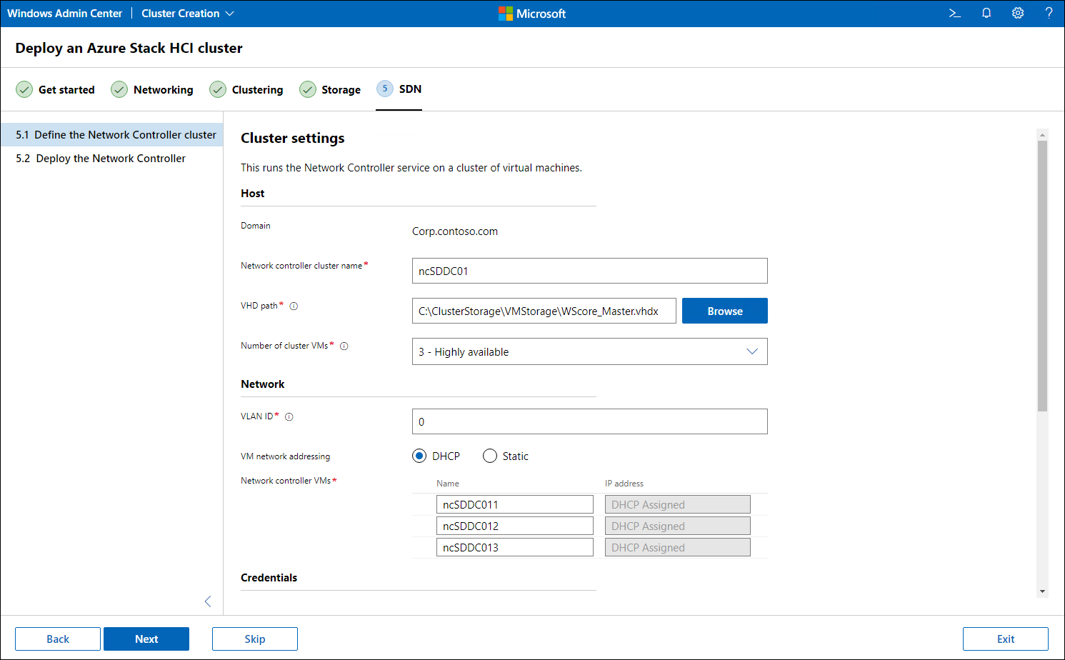 Define the Network Controller cluster pane with Host and Network settings in Windows Admin Center.