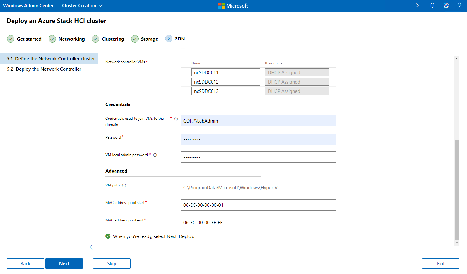 Define the Network Controller cluster pane with Credentials and Advanced settings in Windows Admin Center.
