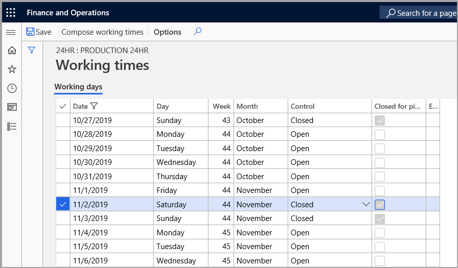 Screenshot of the working times page with details displayed.