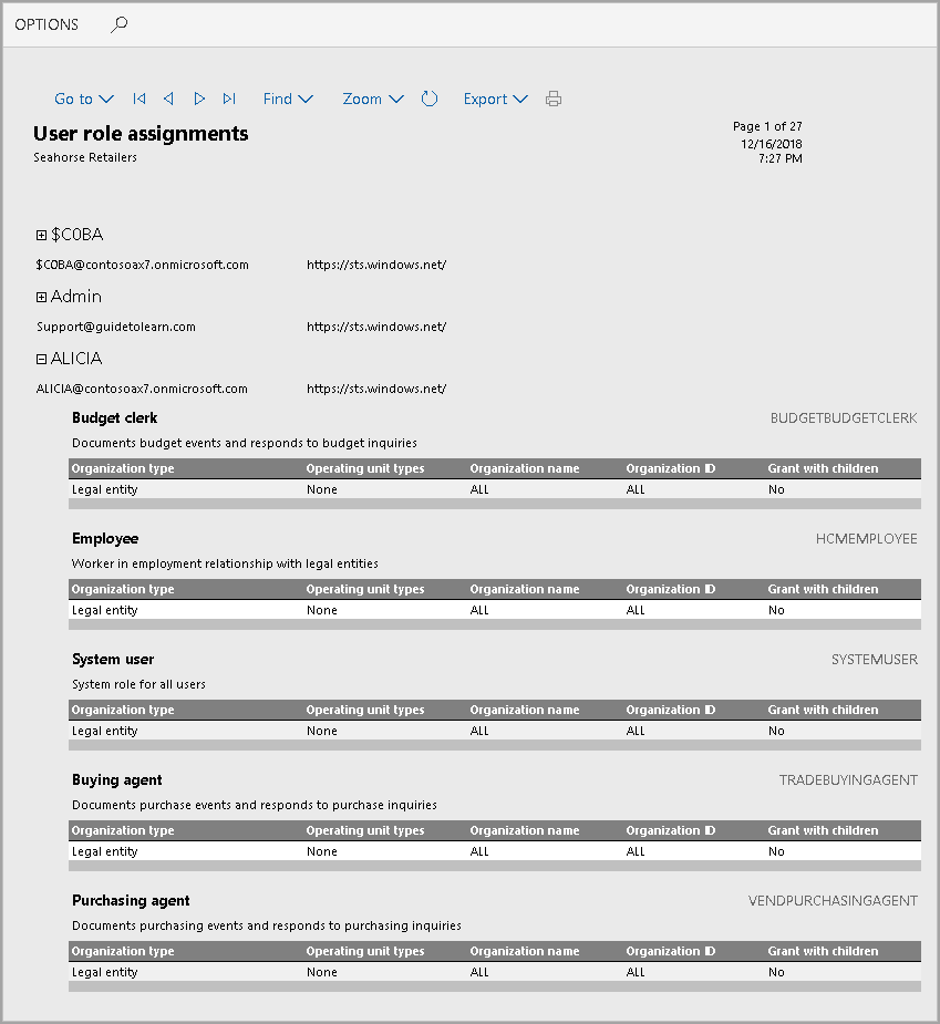 Screenshot of the User role assignments report.