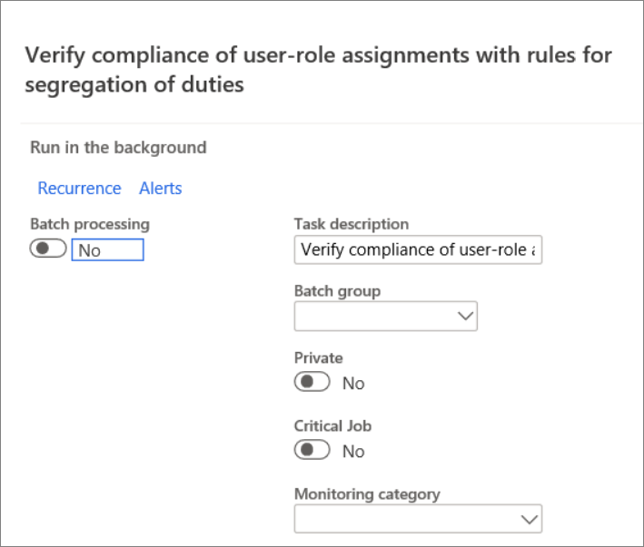 Screenshot of the verify compliance of user role assignments with rules for segregation of duties page.