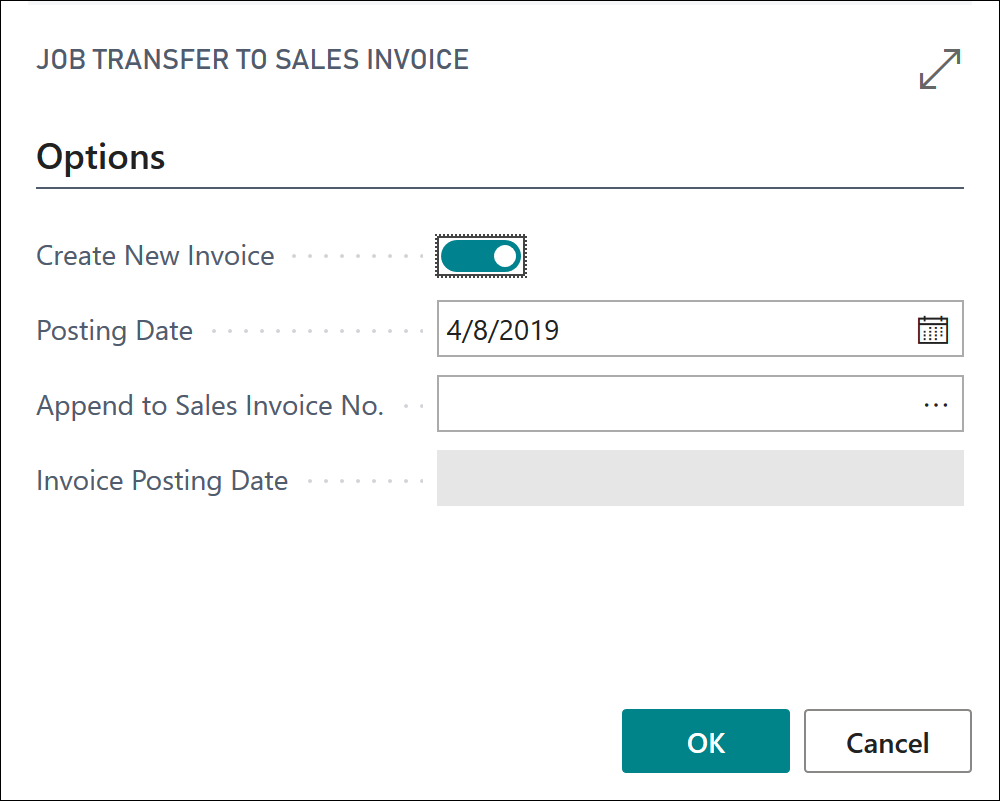 Screenshot of the Job transfer to sales invoice page.