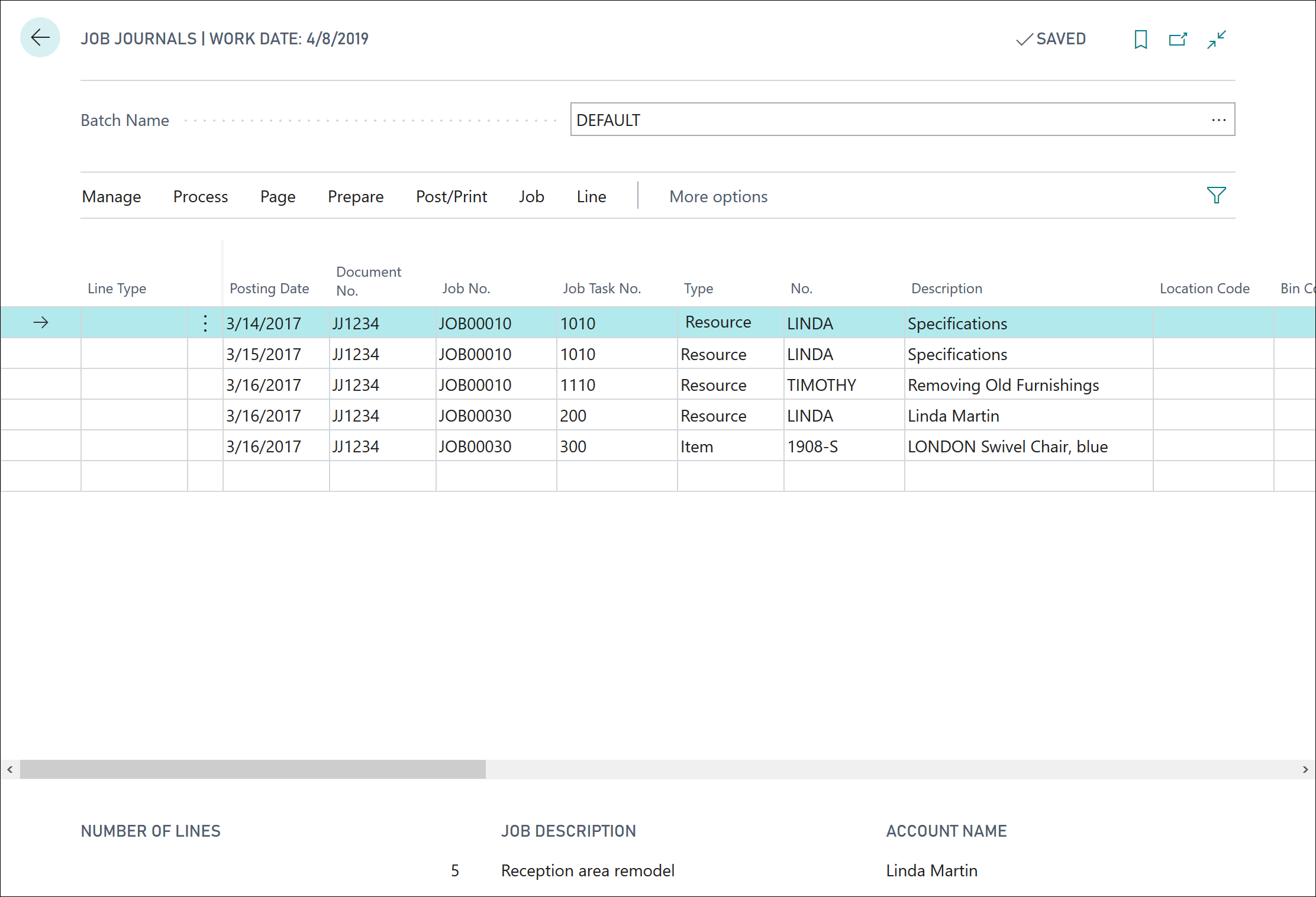 Screenshot of the Job journal page to post consumption of items.