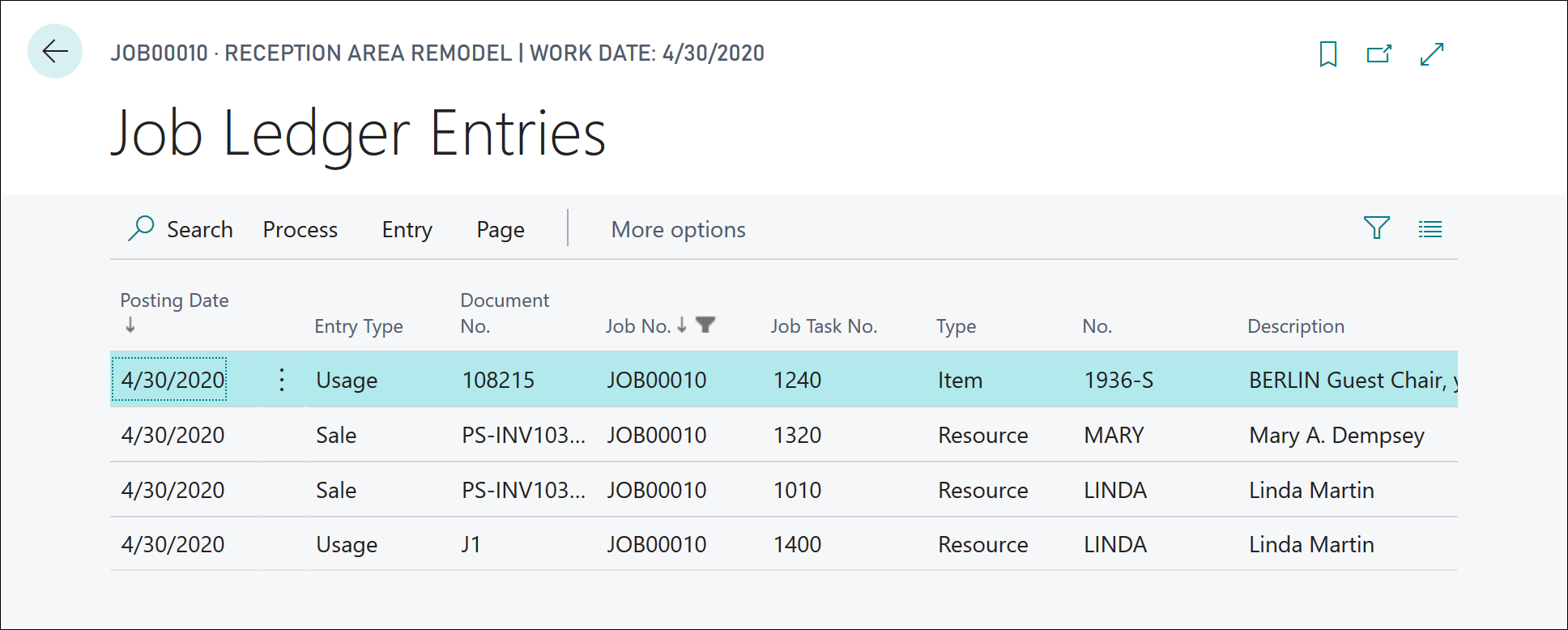 Screenshot of the Job ledger entries page.