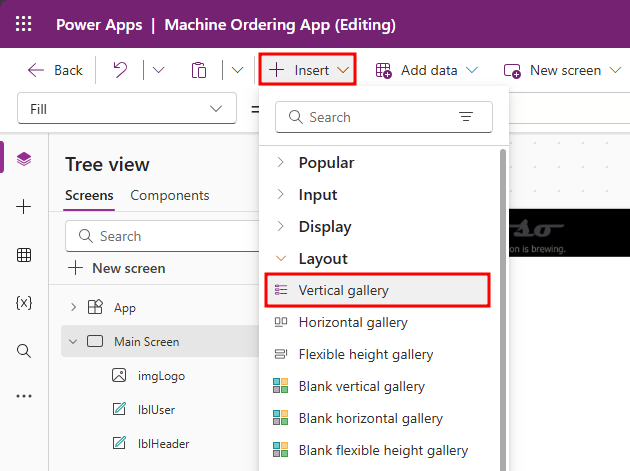 Screenshot of the insert vertical gallery button.